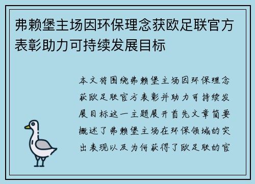 弗赖堡主场因环保理念获欧足联官方表彰助力可持续发展目标 弗赖堡主场因环保理念获欧足联官方表彰助力可持续发展目标