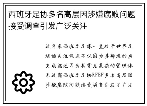 西班牙足协多名高层因涉嫌腐败问题接受调查引发广泛关注 西班牙足协多名高层因涉嫌腐败问题接受调查引发广泛关注